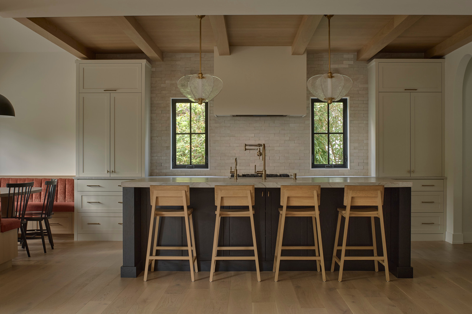 Custom painted kitchen with dark stained oak island and white oak beams — House on Peter Lowe