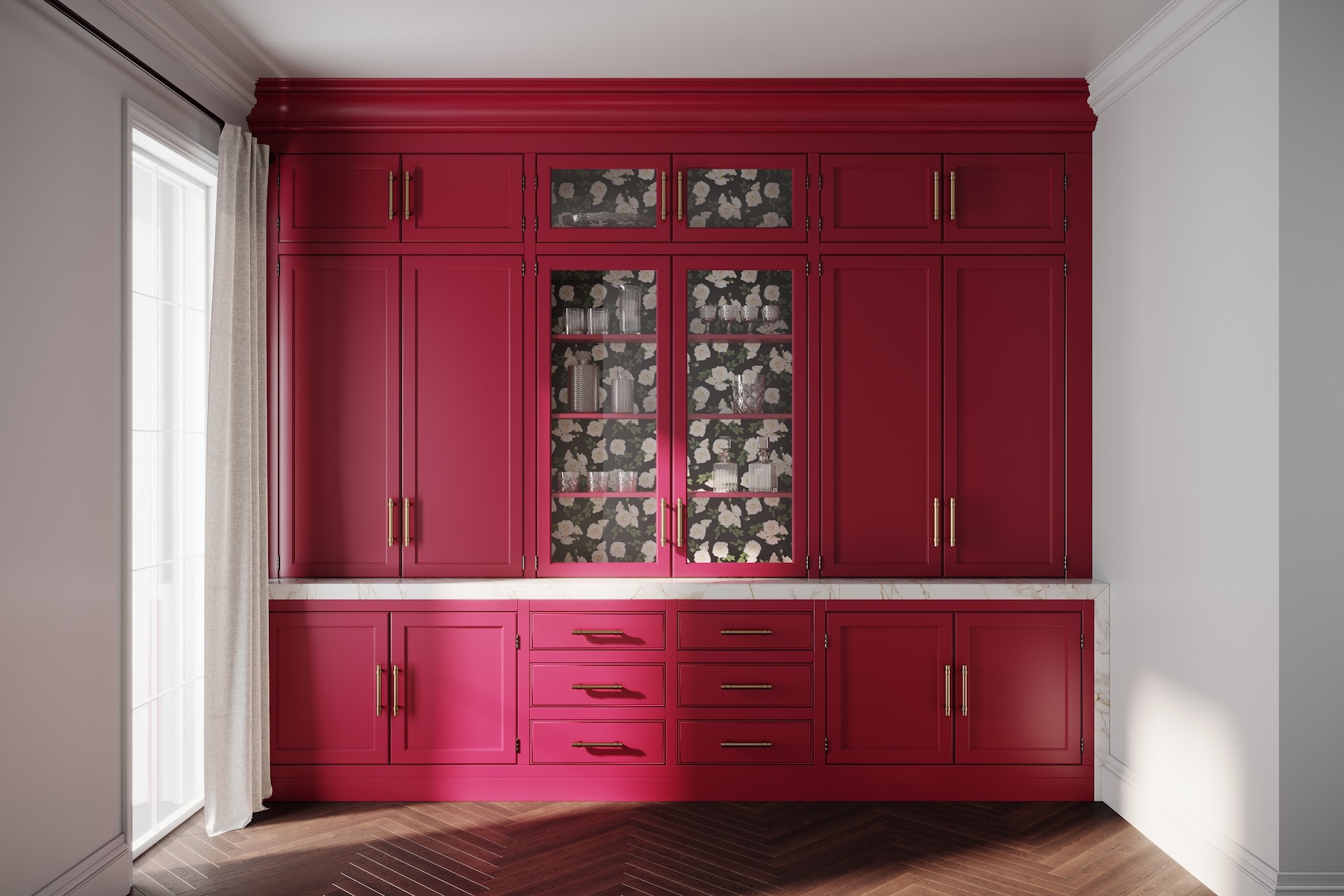 Custom red built-in pantry and bar cabinetry with glass doors and brass hardware in a Halifax home