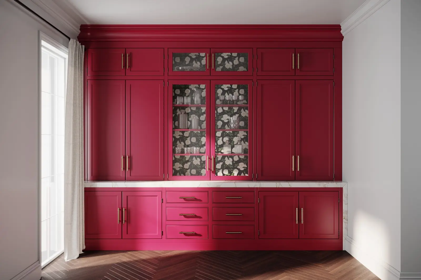 Custom red built-in pantry and bar cabinetry with glass doors and brass hardware in a Halifax home