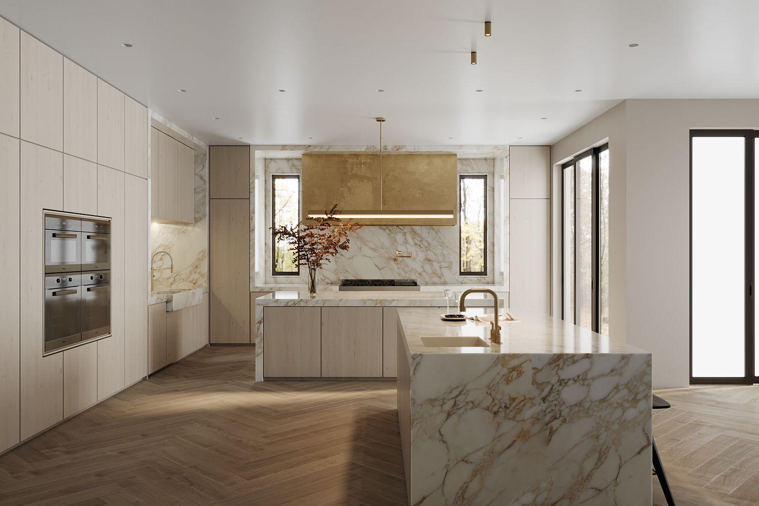 Modern light oak custom kitchen cabinetry with book-matched island